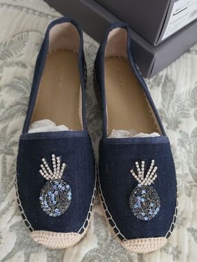 Ann Taylor Navy Espadrille Flats with Sequin Pineapple Motif